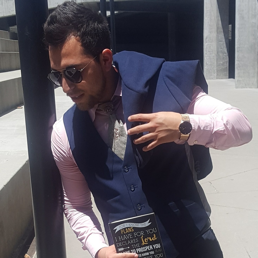 Pink dress shirt on Blue Vest with Armani Tie